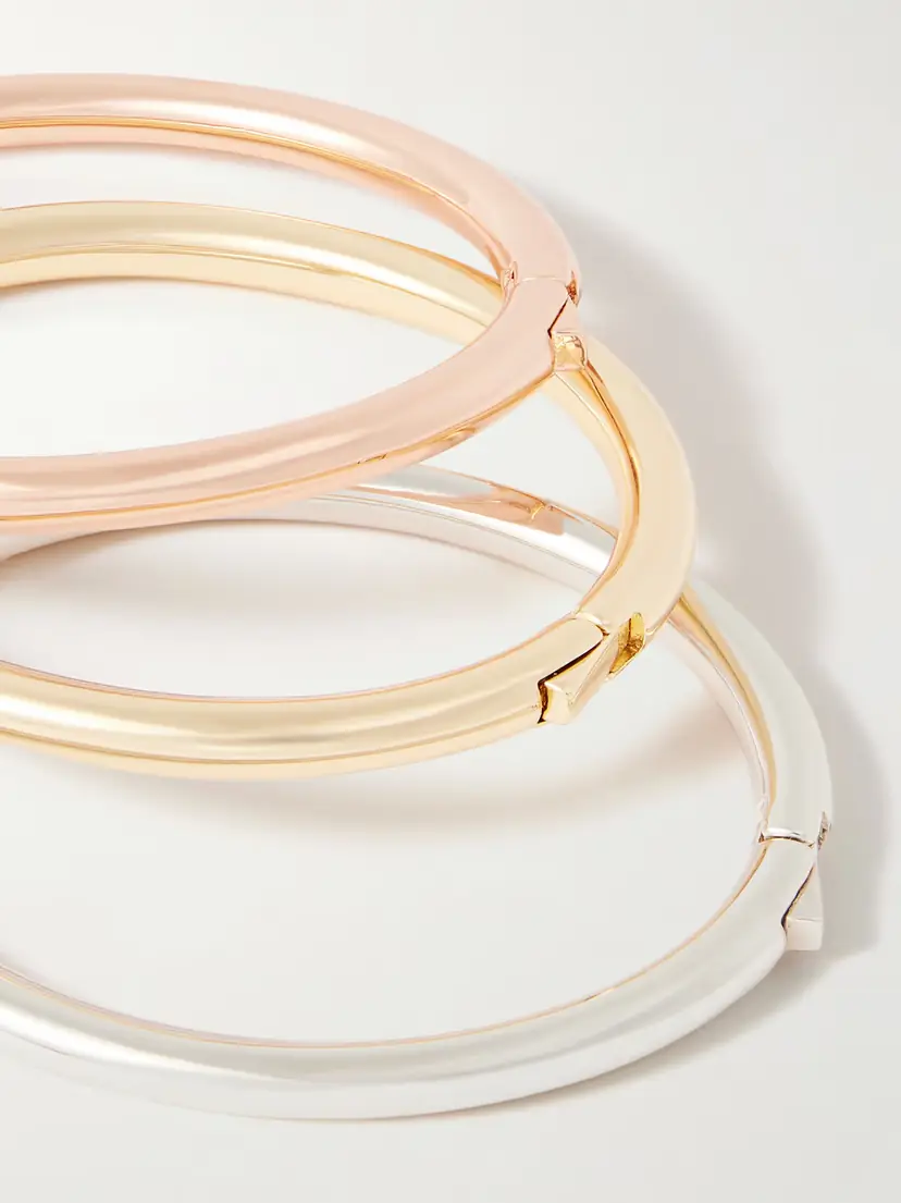 Roxanne Assoulin The Tubular Hinged Set Of Three Gold, Rose Gold And Silver-tone Bracelets | Thumbnail 4 Roxanne Assoulin The Tubular Hinged Set Of Three Gold, Rose Gold And Silver-tone Bracelets | Thumbnail 4