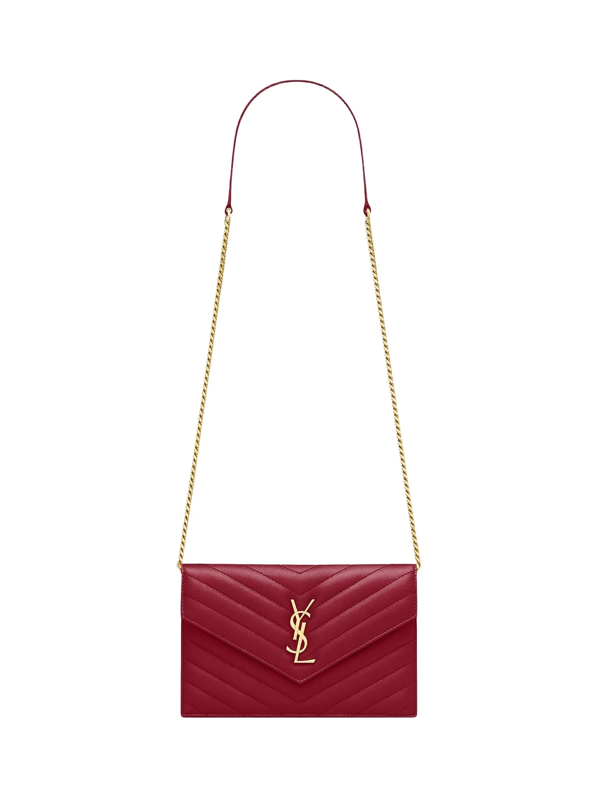 Saint Laurent Women's Cassandre Envelope Chain Wallet in Lambskin Leather - Deeply Red