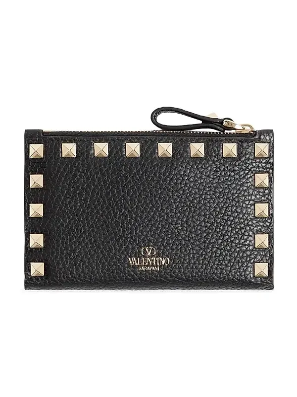Women's Rockstud Grainy Calfskin Cardholder with Zipper - Black