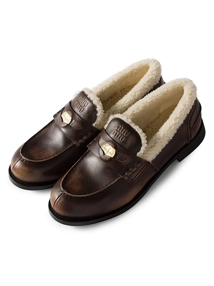 Miu Miu Women's Bleached Leather and Shearling Penny Loafers - Brown | Thumbnail 2 Miu Miu Women's Bleached Leather and Shearling Penny Loafers - Brown | Thumbnail 2