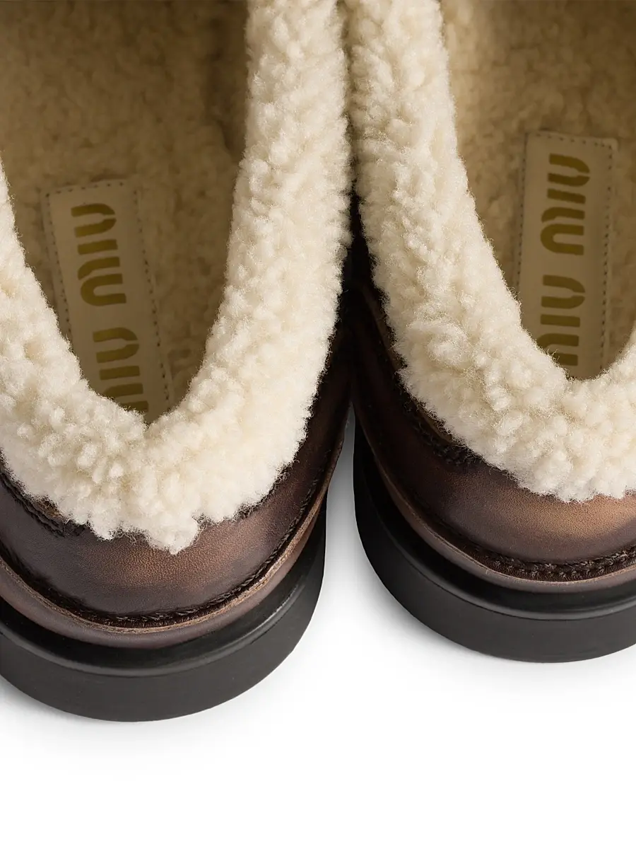 Miu Miu Women's Bleached Leather and Shearling Penny Loafers - Brown | Thumbnail 3 Miu Miu Women's Bleached Leather and Shearling Penny Loafers - Brown | Thumbnail 3