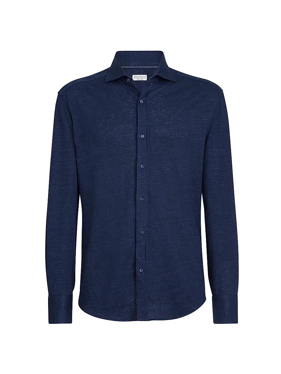 Brunello Cucinelli Men's Linen and Cotton Mélange Jersey Shirt - Navy Blue | Image 1 Brunello Cucinelli Men's Linen and Cotton Mélange Jersey Shirt - Navy Blue | Image 1