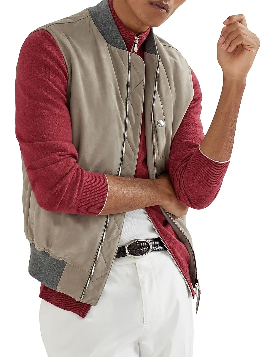 Brunello Cucinelli Men's Suede Vest with Thermore Padding - Khaki | Thumbnail 5