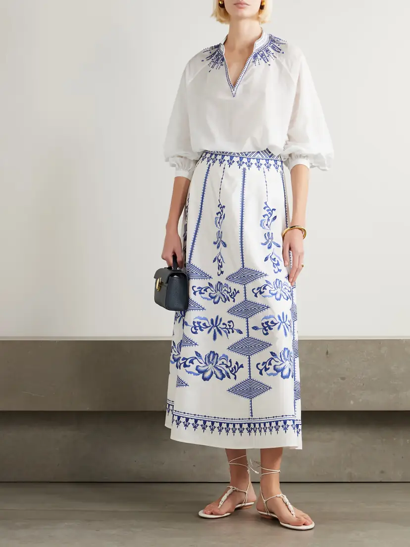 Emporio Sirenuse Camille Embroidered Cotton-blend Midi Skirt | Thumbnail 2 Emporio Sirenuse Camille Embroidered Cotton-blend Midi Skirt | Thumbnail 2
