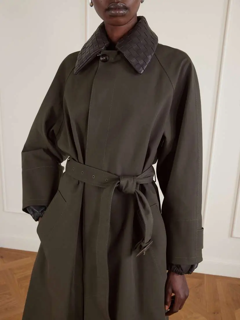 Bottega Veneta Intrecciato Leather-trimmed Cotton-blend Trench Coat | Thumbnail 3 Bottega Veneta Intrecciato Leather-trimmed Cotton-blend Trench Coat | Thumbnail 3