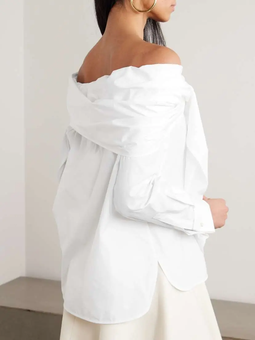 Max Mara Off-the-shoulder Tie-detailed Gathered Cotton-poplin Blouse | Thumbnail 4 Max Mara Off-the-shoulder Tie-detailed Gathered Cotton-poplin Blouse | Thumbnail 4