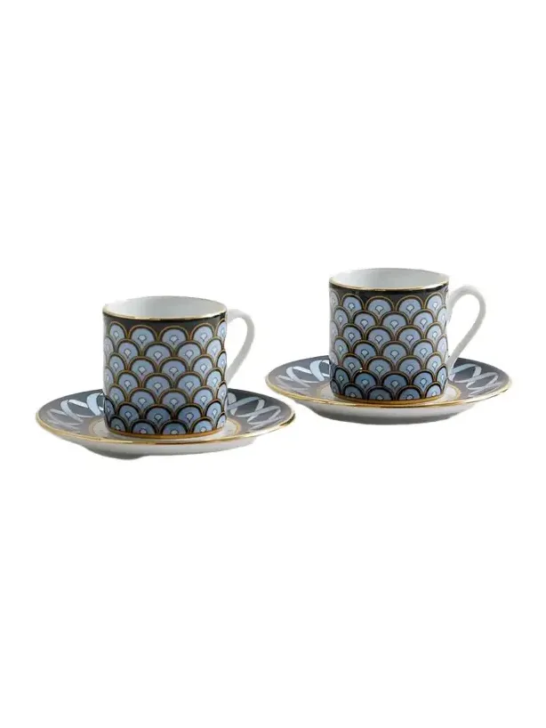 La DoubleJ Impero Set Of Two Gold-plated Porcelain Espresso Cups And Saucers - Blue