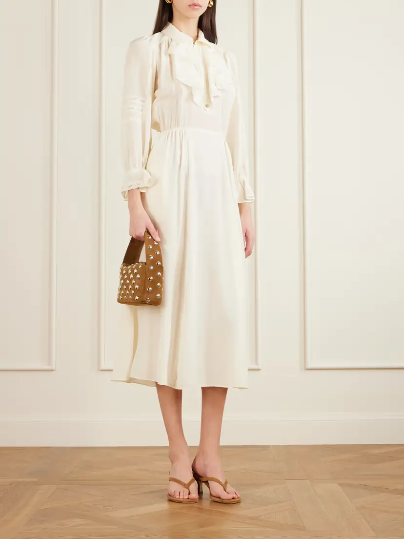 MAISON MAYLE Joeldi Ruffled Lace-trimmed Silk Charmeuse And Crepe De Chine Dress | Thumbnail 2 MAISON MAYLE Joeldi Ruffled Lace-trimmed Silk Charmeuse And Crepe De Chine Dress | Thumbnail 2