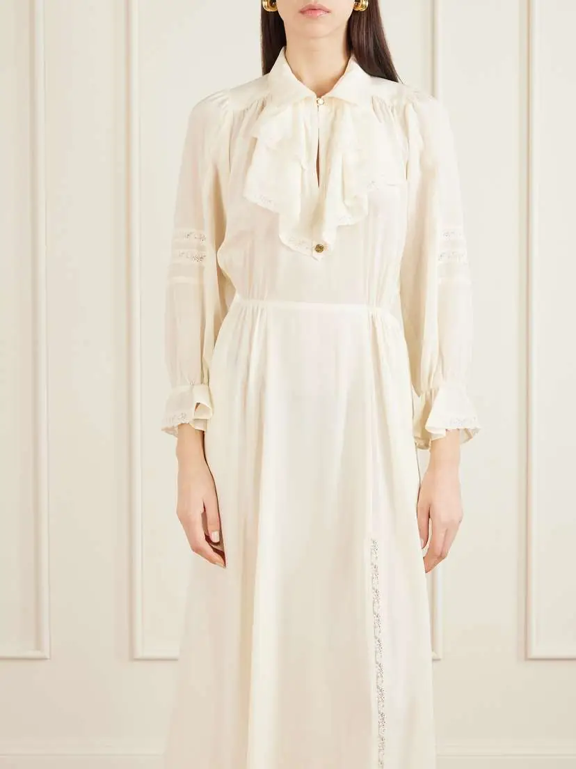 MAISON MAYLE Joeldi Ruffled Lace-trimmed Silk Charmeuse And Crepe De Chine Dress | Thumbnail 3 MAISON MAYLE Joeldi Ruffled Lace-trimmed Silk Charmeuse And Crepe De Chine Dress | Thumbnail 3