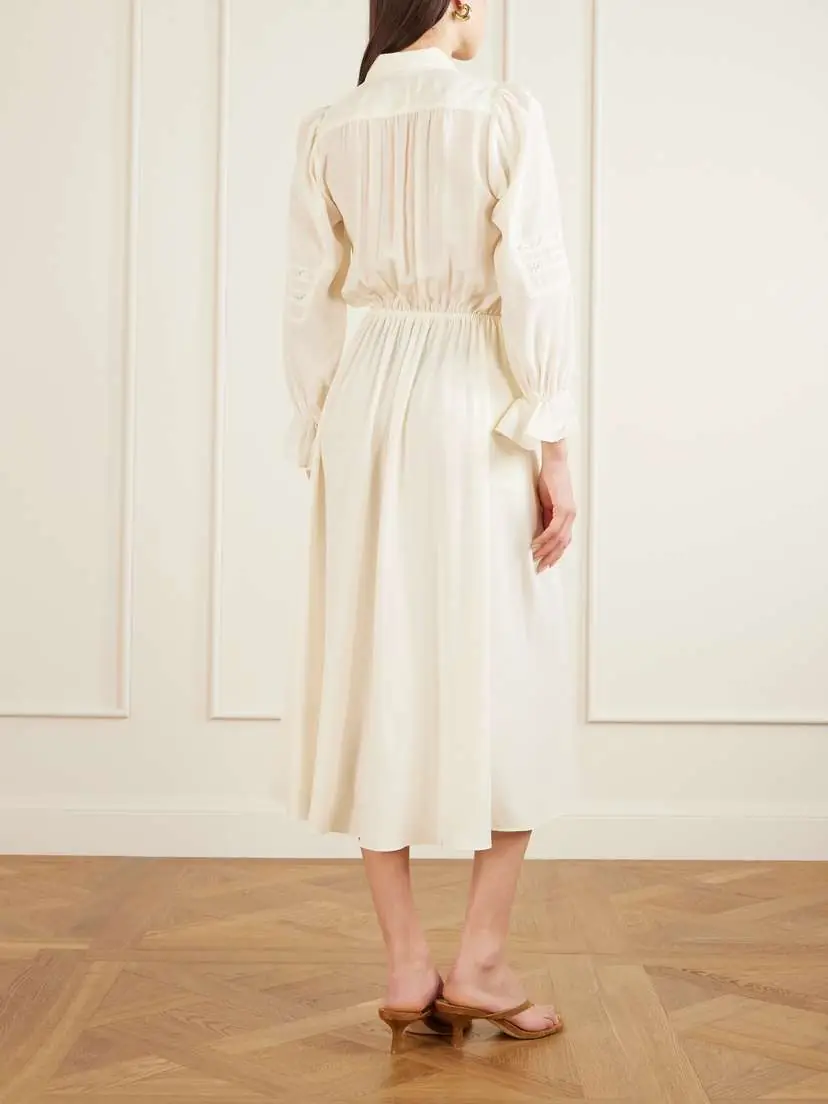 MAISON MAYLE Joeldi Ruffled Lace-trimmed Silk Charmeuse And Crepe De Chine Dress | Thumbnail 4 MAISON MAYLE Joeldi Ruffled Lace-trimmed Silk Charmeuse And Crepe De Chine Dress | Thumbnail 4