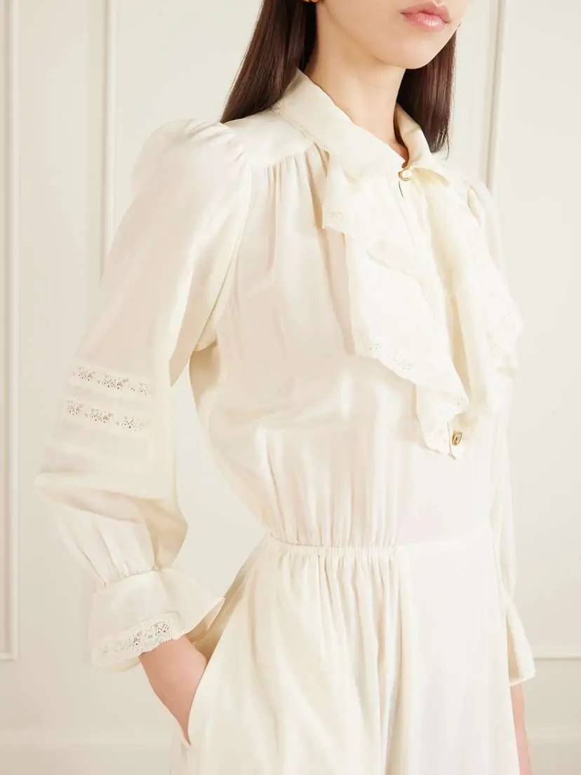 MAISON MAYLE Joeldi Ruffled Lace-trimmed Silk Charmeuse And Crepe De Chine Dress | Thumbnail 5 MAISON MAYLE Joeldi Ruffled Lace-trimmed Silk Charmeuse And Crepe De Chine Dress | Thumbnail 5
