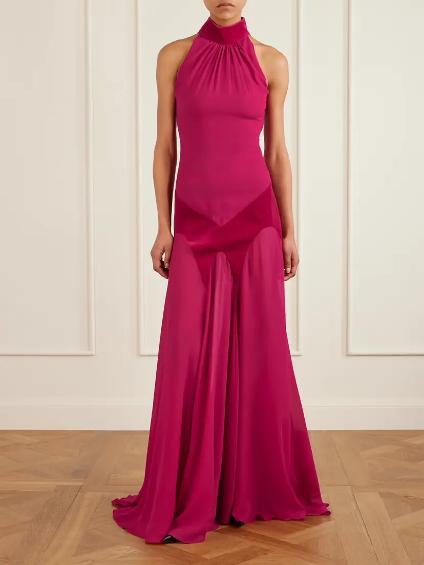 Alexander McQueen Cotton Velvet-trimmed Gathered Silk-georgette Turtleneck Gown | Thumbnail 2