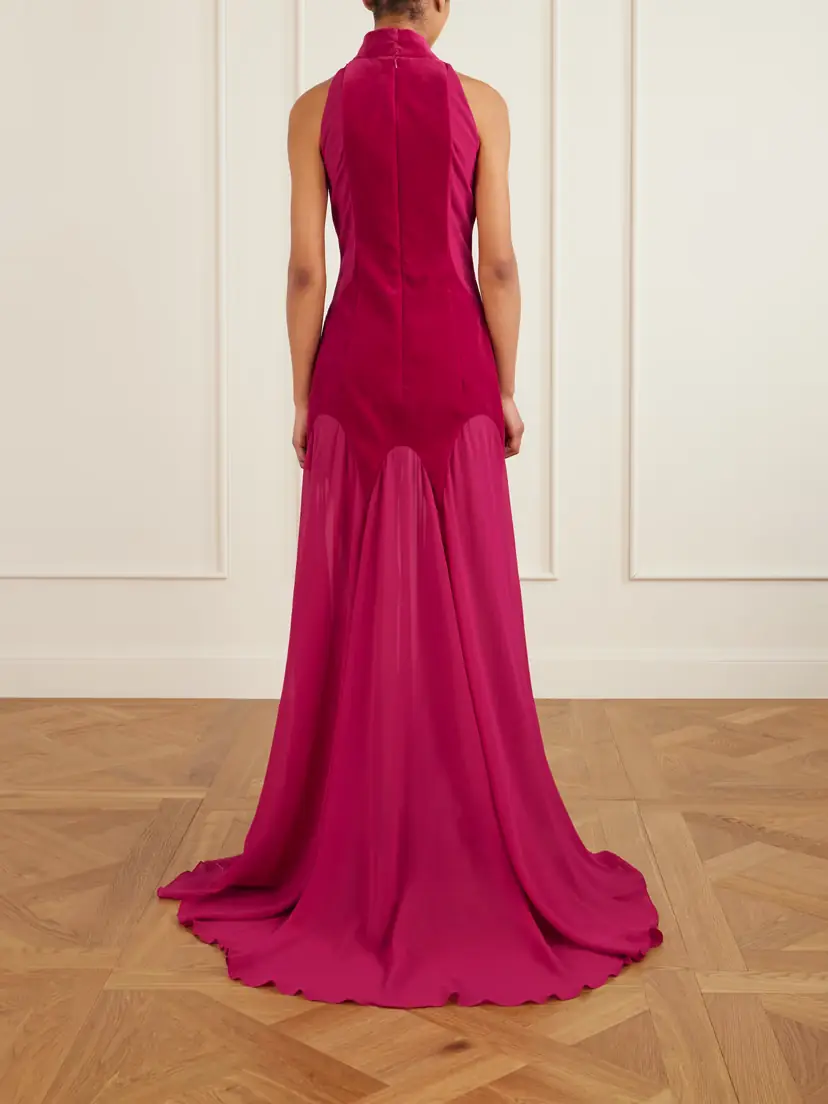 Alexander McQueen Cotton Velvet-trimmed Gathered Silk-georgette Turtleneck Gown | Thumbnail 3