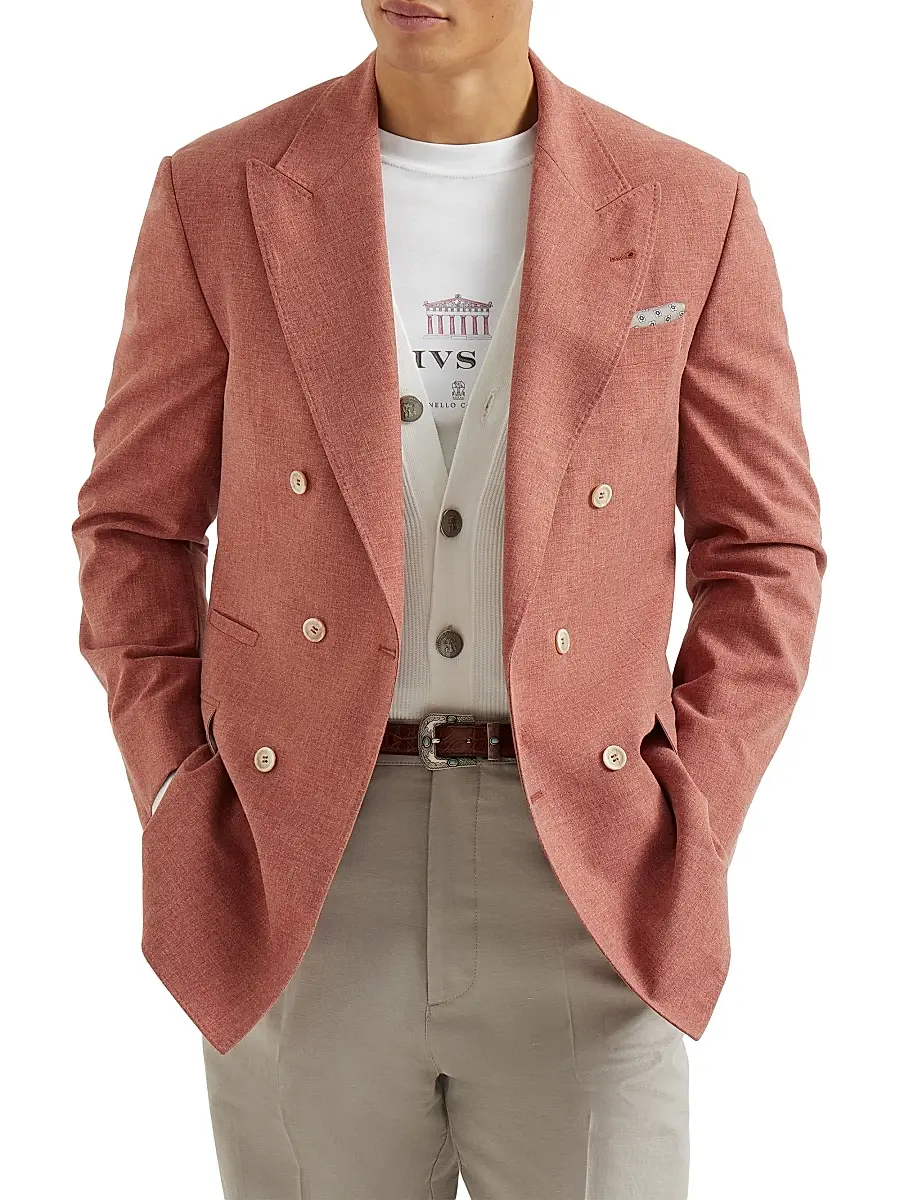Brunello Cucinelli Men's Virgin Wool, Cotton and Silk Mouliné One and a Half Breasted Tailor Blazer - Orange | Thumbnail 5 Brunello Cucinelli Men's Virgin Wool, Cotton and Silk Mouliné One and a Half Breasted Tailor Blazer - Orange | Thumbnail 5