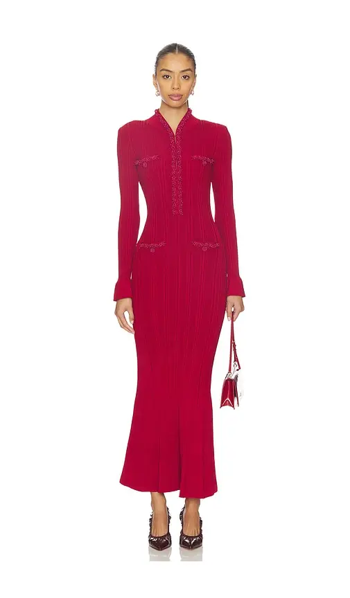 self-portrait Red Pearl Trim Knit Midi Dress | Image 1 self-portrait Red Pearl Trim Knit Midi Dress | Image 1