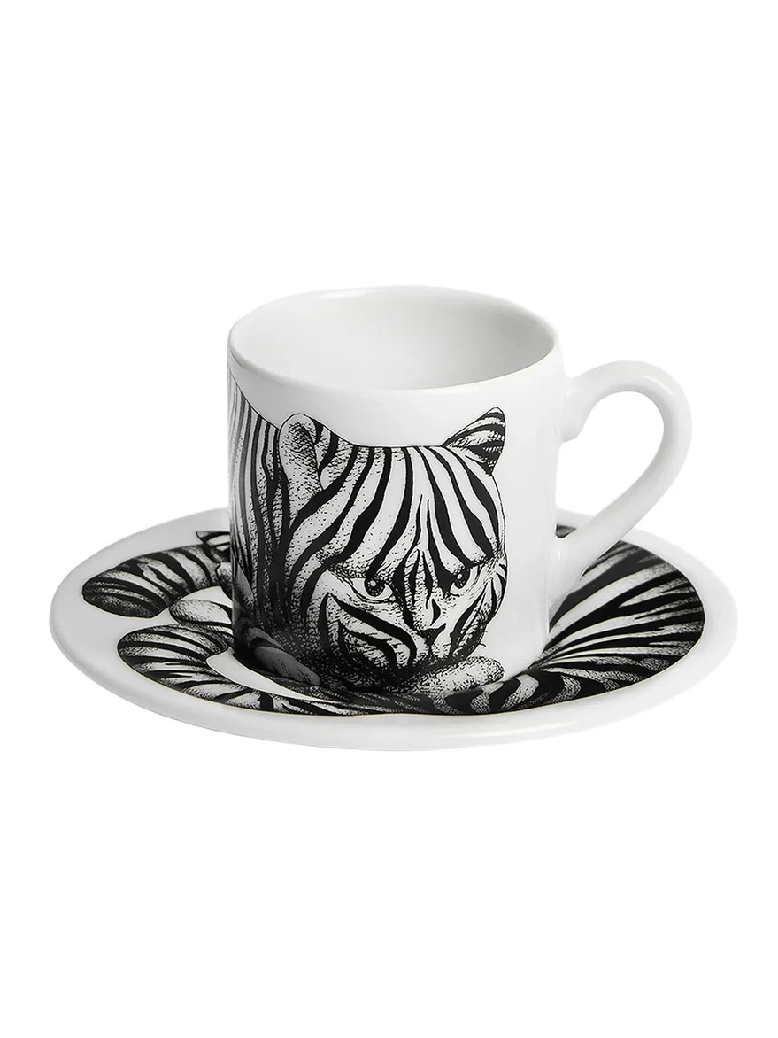 FORNASETTI High Fidelity Tiger Print Coffee Mug & Saucer - Black White