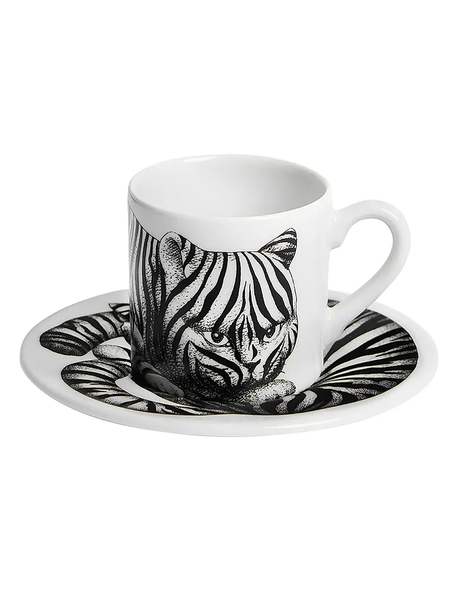 FORNASETTI High Fidelity Tiger Print Coffee Mug & Saucer - Black White