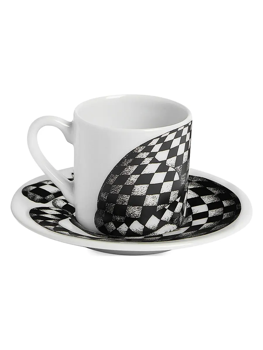 FORNASETTI High Fidelity Checkered Coffee Mug & Saucer - Black White | Thumbnail 2 FORNASETTI High Fidelity Checkered Coffee Mug & Saucer - Black White | Thumbnail 2