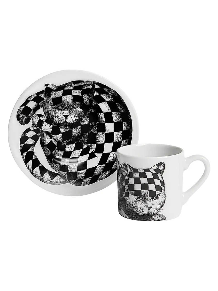 FORNASETTI High Fidelity Checkered Coffee Mug & Saucer - Black White | Thumbnail 4 FORNASETTI High Fidelity Checkered Coffee Mug & Saucer - Black White | Thumbnail 4