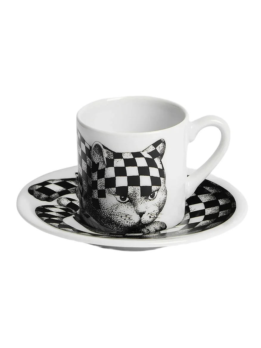 FORNASETTI High Fidelity Checkered Coffee Mug & Saucer - Black White