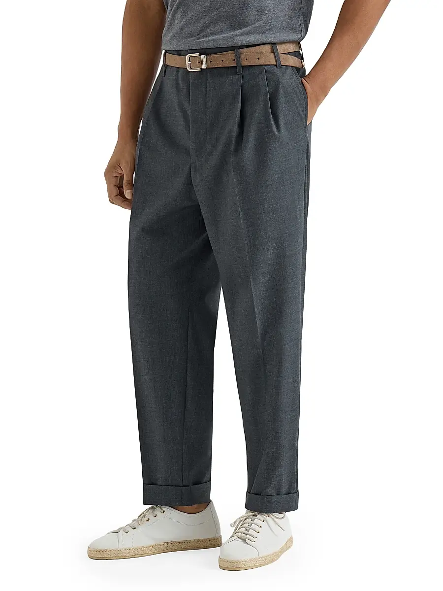 Brunello Cucinelli Men's Virgin Wool Fresco Trousers with Double Pleats | Thumbnail 2 Brunello Cucinelli Men's Virgin Wool Fresco Trousers with Double Pleats | Thumbnail 2