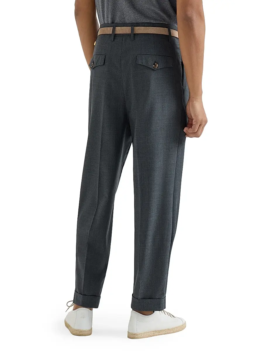 Brunello Cucinelli Men's Virgin Wool Fresco Trousers with Double Pleats | Thumbnail 4 Brunello Cucinelli Men's Virgin Wool Fresco Trousers with Double Pleats | Thumbnail 4