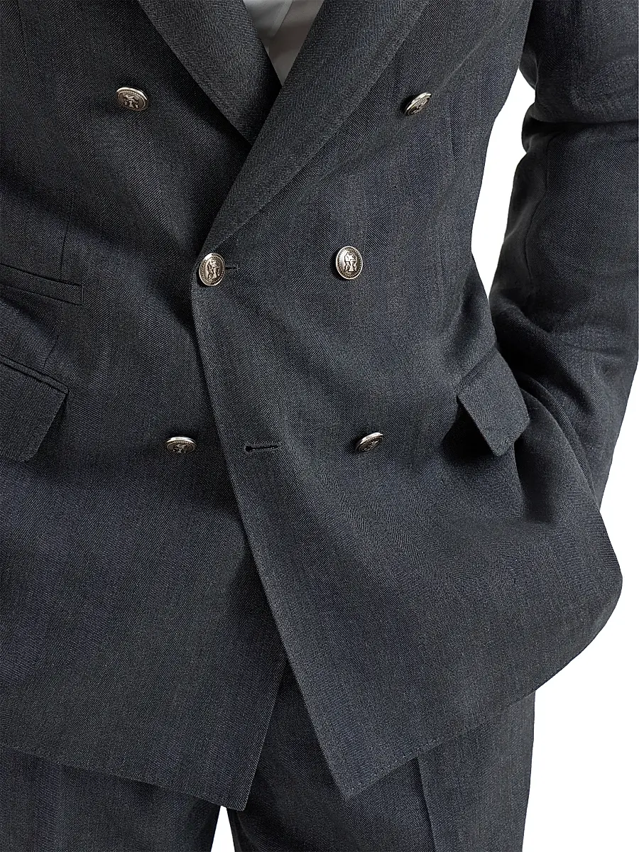 Brunello Cucinelli Men's Chevron One and a Half Breasted Deconstructed Blazer with Metal Buttons | Thumbnail 4 Brunello Cucinelli Men's Chevron One and a Half Breasted Deconstructed Blazer with Metal Buttons | Thumbnail 4