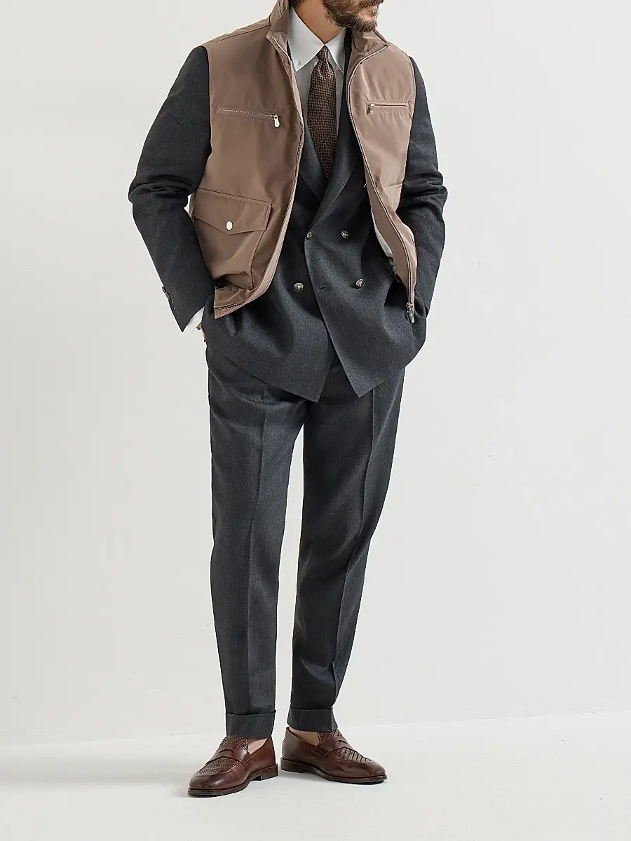 Brunello Cucinelli Men's Chevron One and a Half Breasted Deconstructed Blazer with Metal Buttons | Thumbnail 6 Brunello Cucinelli Men's Chevron One and a Half Breasted Deconstructed Blazer with Metal Buttons | Thumbnail 6