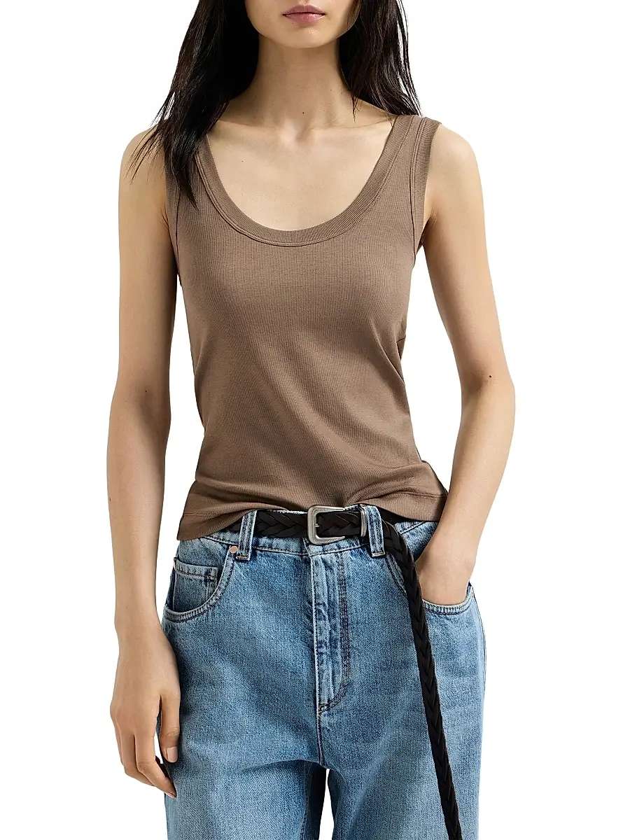 Brunello Cucinelli Women's Stretch Cotton Ribbed Jersey Top with Monili | Thumbnail 2 Brunello Cucinelli Women's Stretch Cotton Ribbed Jersey Top with Monili | Thumbnail 2