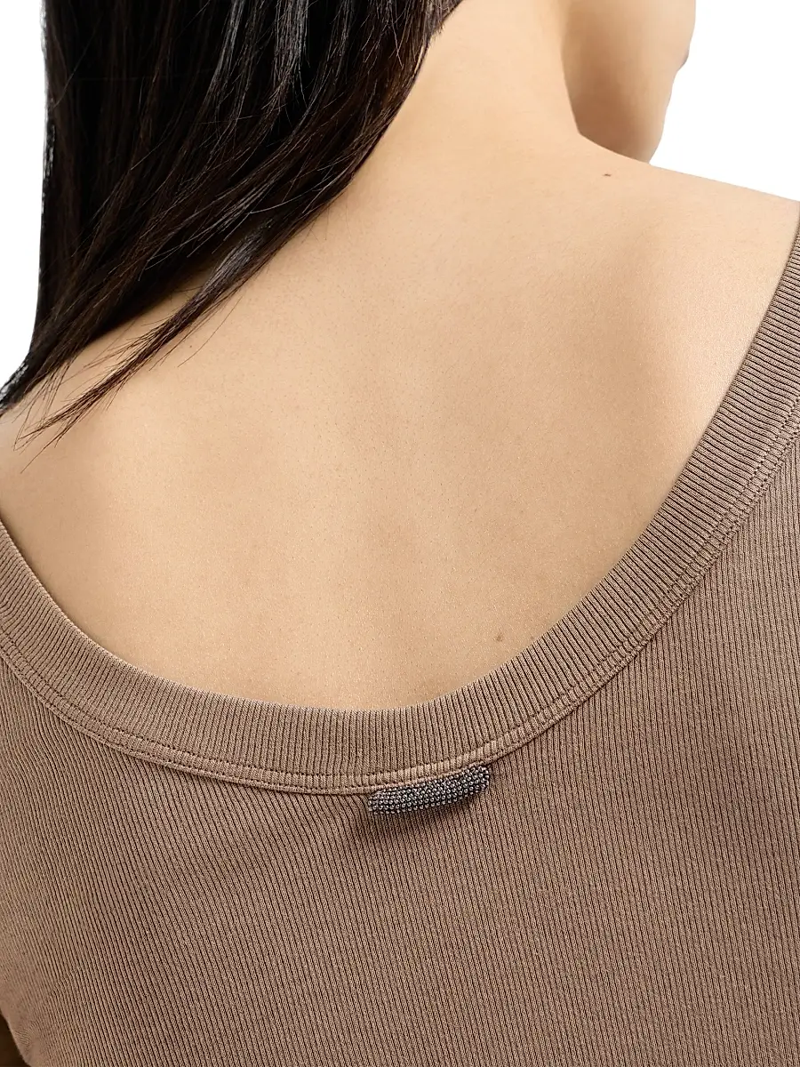 Brunello Cucinelli Women's Stretch Cotton Ribbed Jersey Top with Monili | Thumbnail 5 Brunello Cucinelli Women's Stretch Cotton Ribbed Jersey Top with Monili | Thumbnail 5