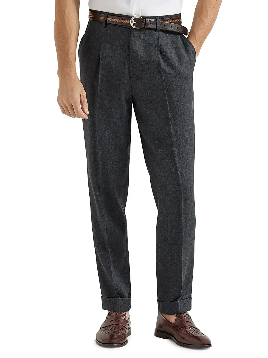 Brunello Cucinelli Men's Linen and Virgin Wool Chevron Trousers with Pleats | Thumbnail 2 Brunello Cucinelli Men's Linen and Virgin Wool Chevron Trousers with Pleats | Thumbnail 2