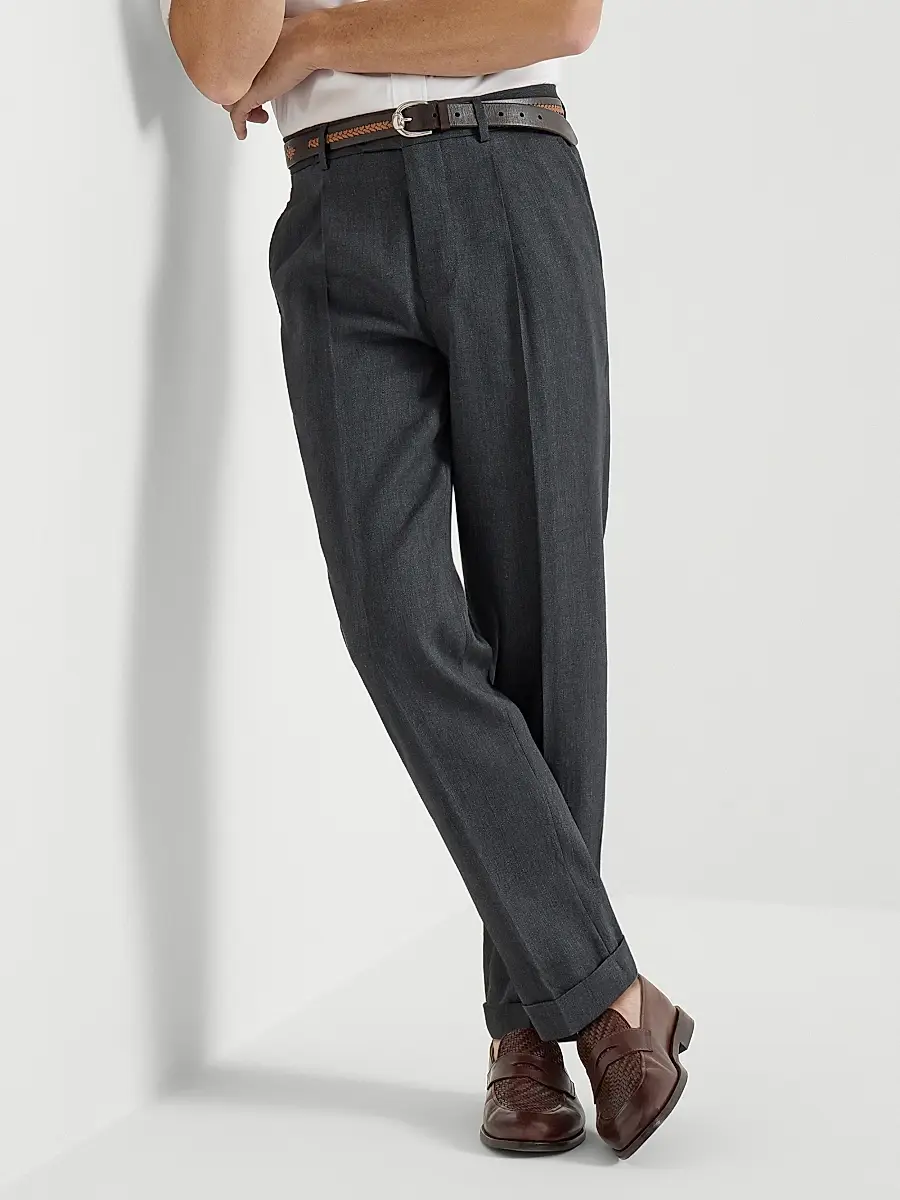 Brunello Cucinelli Men's Linen and Virgin Wool Chevron Trousers with Pleats | Thumbnail 5 Brunello Cucinelli Men's Linen and Virgin Wool Chevron Trousers with Pleats | Thumbnail 5