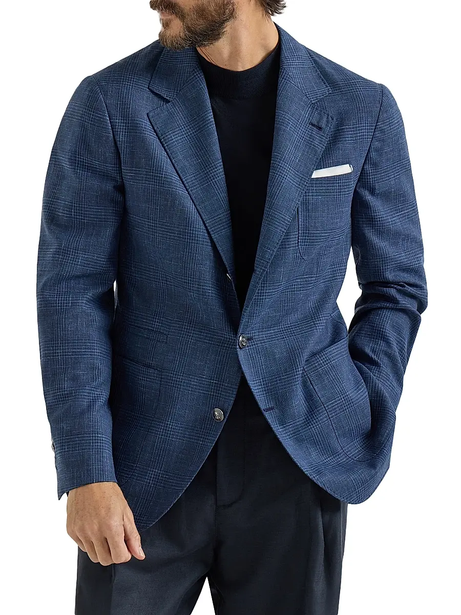 Brunello Cucinelli Men's Prince of Wales Deconstructed Blazer with Patch Pockets and Metal Buttons - Denim | Image 1 Brunello Cucinelli Men's Prince of Wales Deconstructed Blazer with Patch Pockets and Metal Buttons - Denim | Image 1