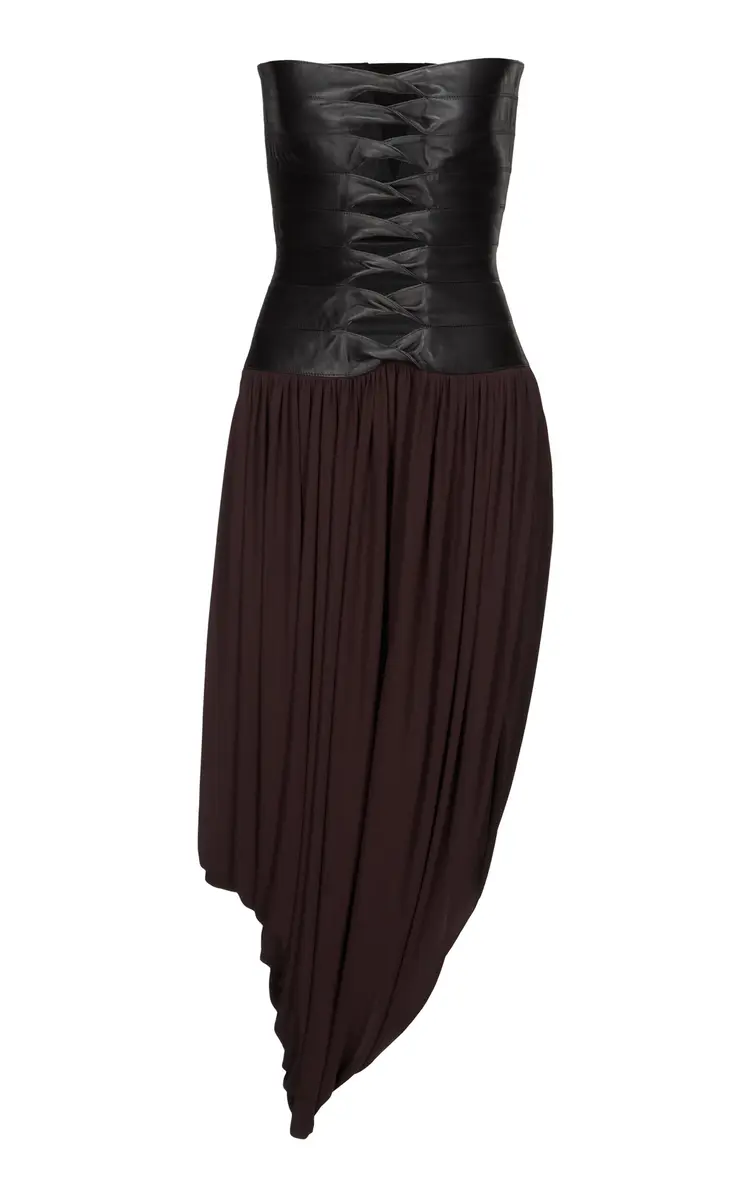 ALAÏA Leather Bustier Draped Midi Dress | Image 1 ALAÏA Leather Bustier Draped Midi Dress | Image 1