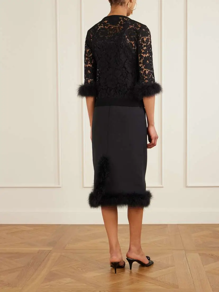 Valentino Garavani Feather-trimmed Cotton Corded Lace Cardigan | Thumbnail 3 Valentino Garavani Feather-trimmed Cotton Corded Lace Cardigan | Thumbnail 3