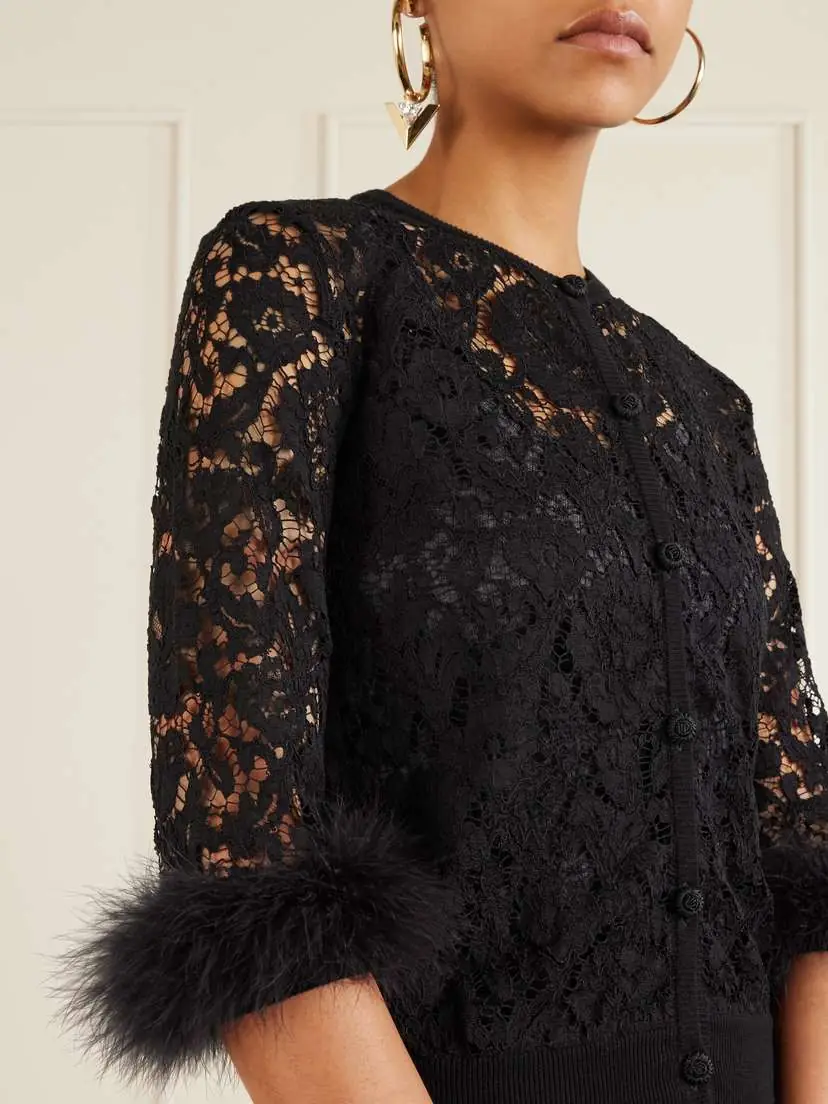 Valentino Garavani Feather-trimmed Cotton Corded Lace Cardigan | Thumbnail 4 Valentino Garavani Feather-trimmed Cotton Corded Lace Cardigan | Thumbnail 4