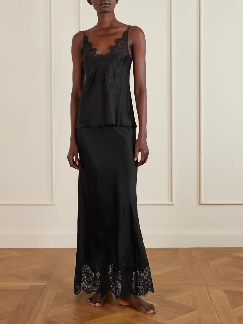 Carine Gilson Lace-trimmed Silk-satin Midi Skirt | Thumbnail 3 Carine Gilson Lace-trimmed Silk-satin Midi Skirt | Thumbnail 3