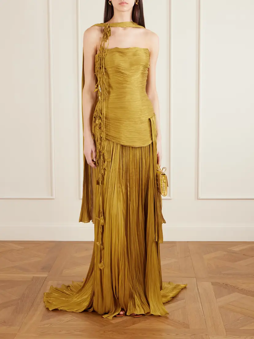 Marmar Halim Strapless Scarf-detailed Metallic Plissé-satin Gown | Thumbnail 2