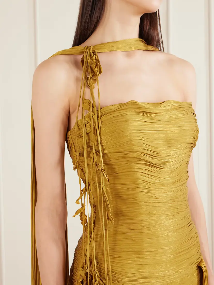 Marmar Halim Strapless Scarf-detailed Metallic Plissé-satin Gown | Thumbnail 4