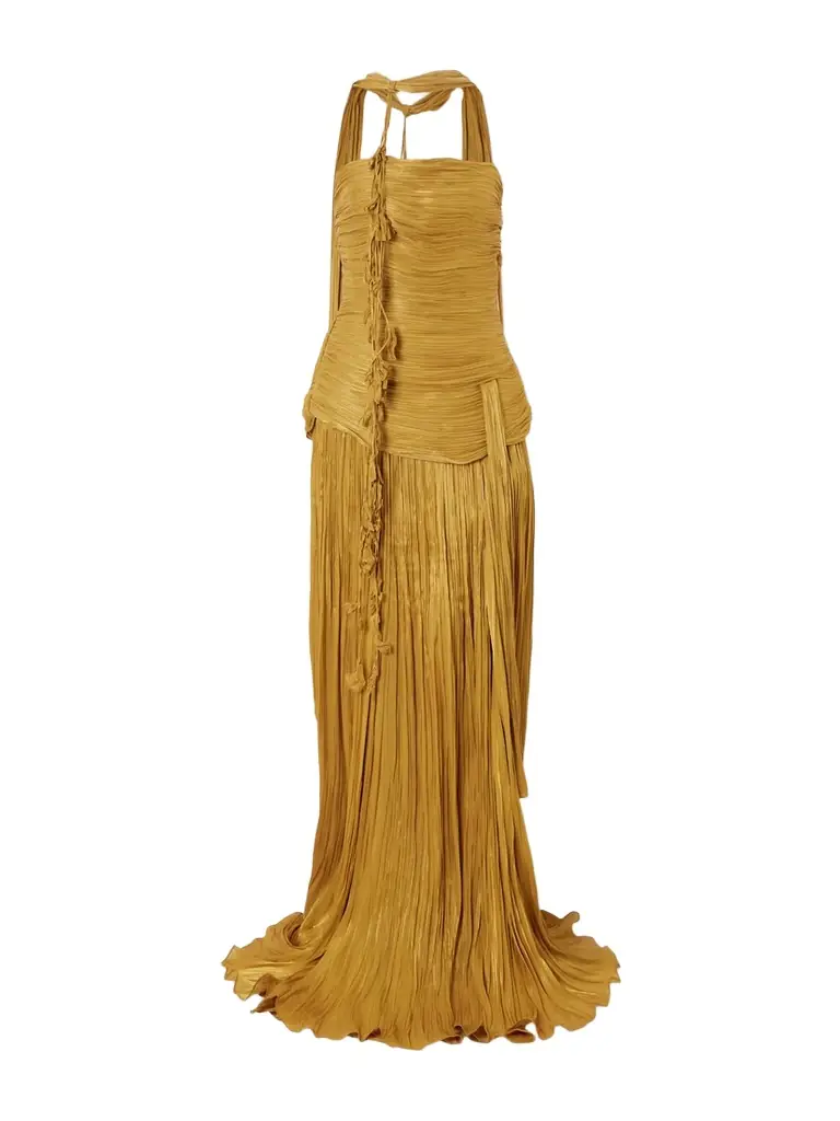 Marmar Halim Strapless Scarf-detailed Metallic Plissé-satin Gown | Image 1 Marmar Halim Strapless Scarf-detailed Metallic Plissé-satin Gown | Image 1