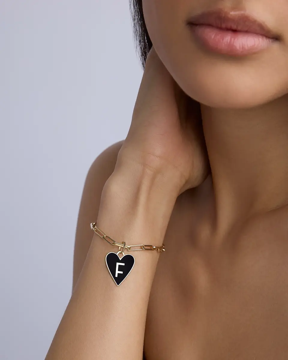 Jennifer Fisher Large Gold Border Enamel Heart With Letter in 18K Yellow Gold | Image 1 Jennifer Fisher Large Gold Border Enamel Heart With Letter in 18K Yellow Gold | Image 1
