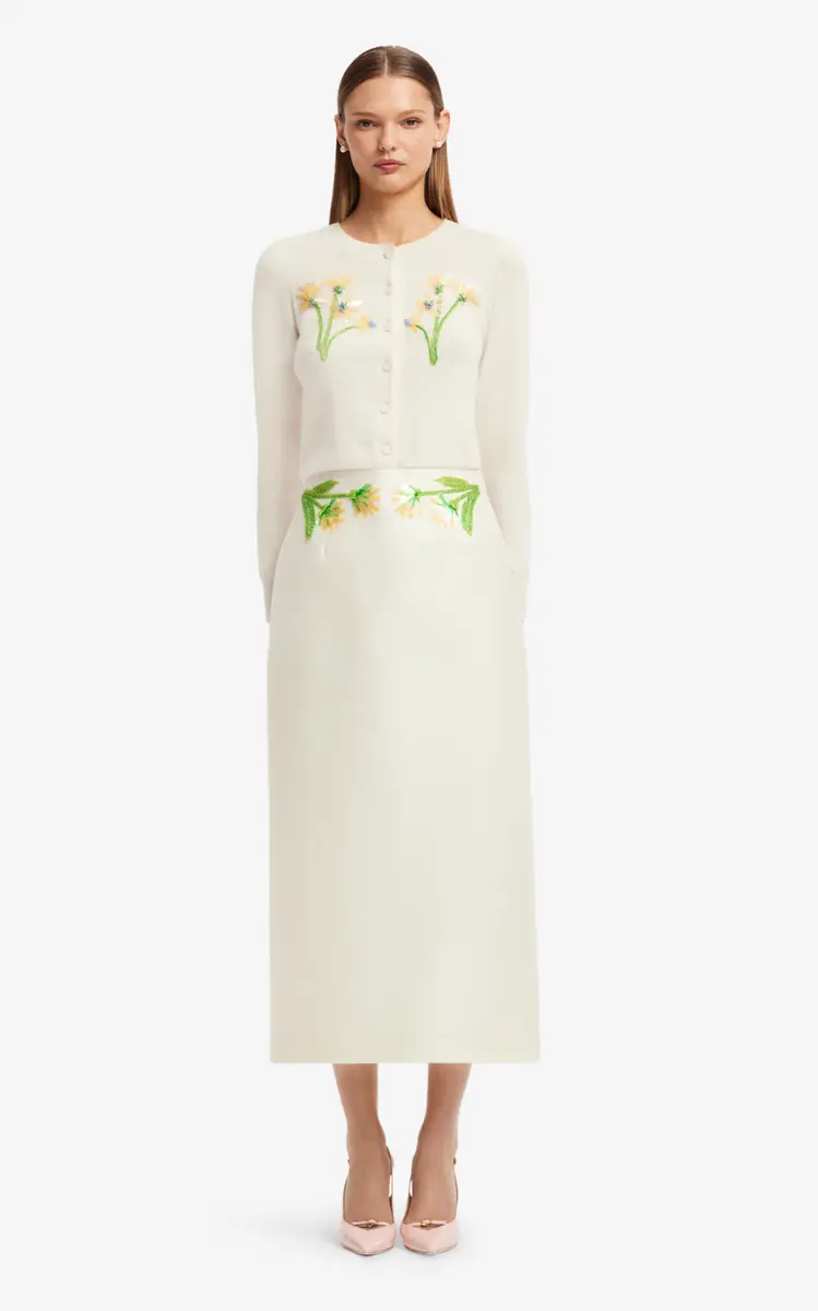 LEO LIN Quinn Floral-Embellished Mid-Rise Wool-Silk Midi Skirt | Thumbnail 2 LEO LIN Quinn Floral-Embellished Mid-Rise Wool-Silk Midi Skirt | Thumbnail 2