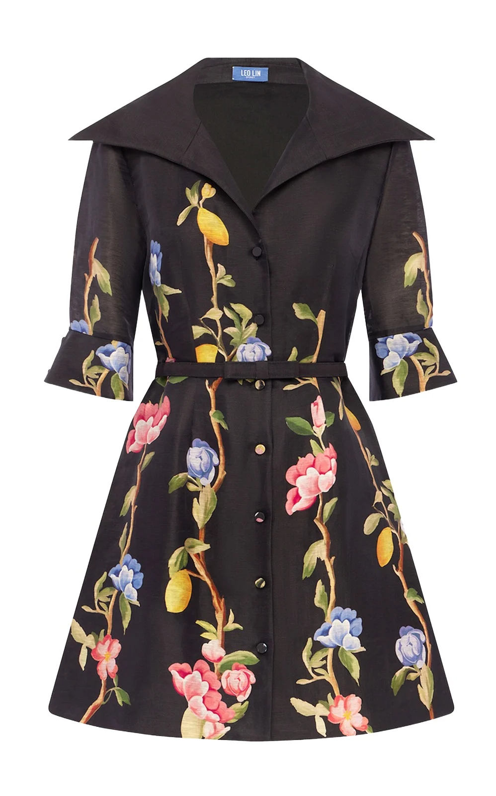 Genevieve Floral-Print Linen-Blend Button-Up Mini Dress Genevieve Floral-Print Linen-Blend Button-Up Mini Dress