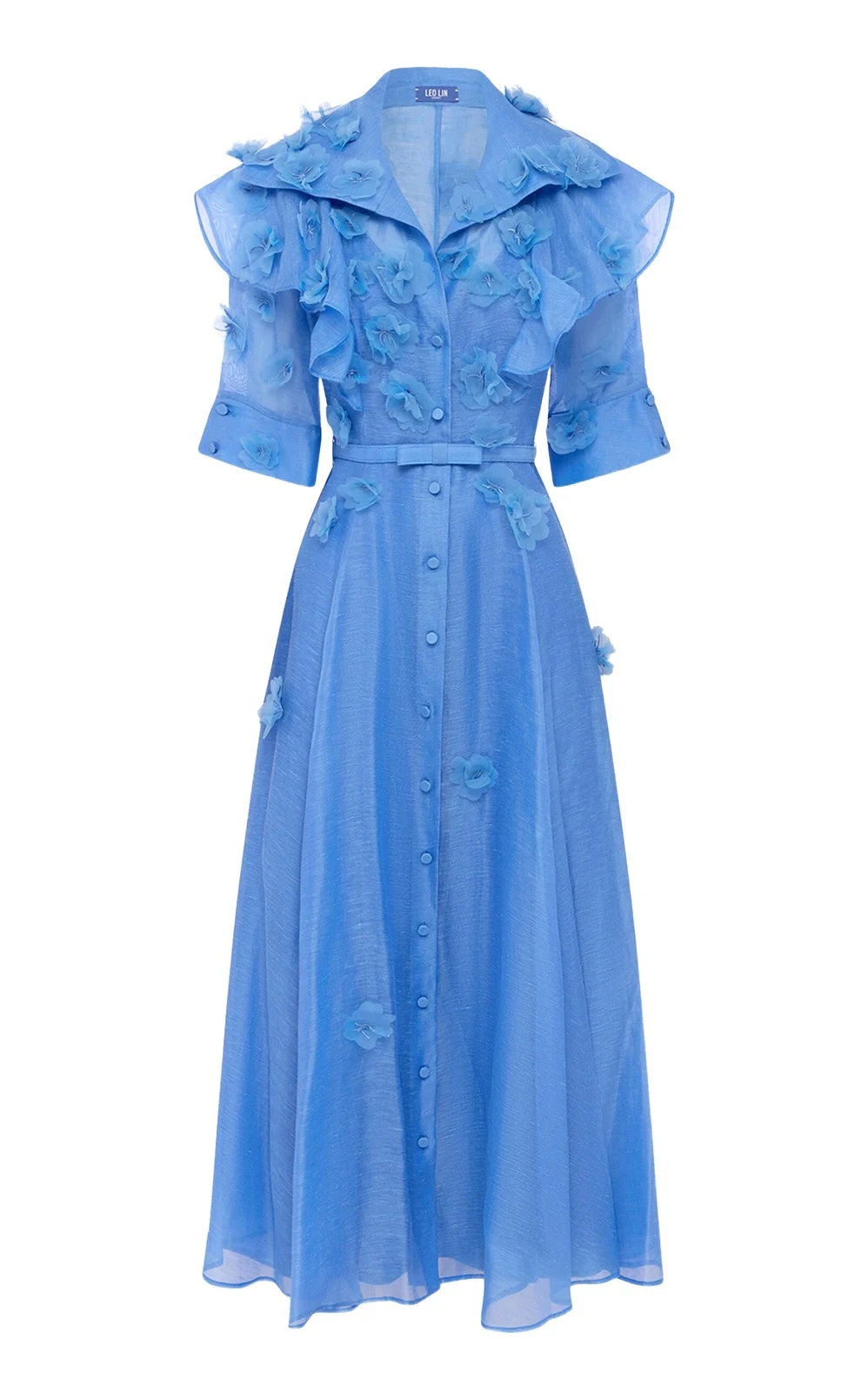 Anya Petal-Embellished Linen-Silk Button-Up Midi Dress
