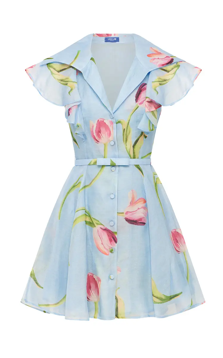 LEO LIN Isla Floral-Print Button-Up Linen-Silk Mini Dress | Image 1 LEO LIN Isla Floral-Print Button-Up Linen-Silk Mini Dress | Image 1