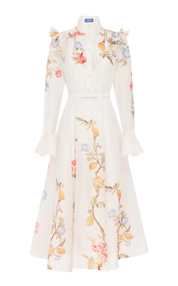 LEO LIN Selina Floral-Print Button-Up Linen-Blend Midi Dress