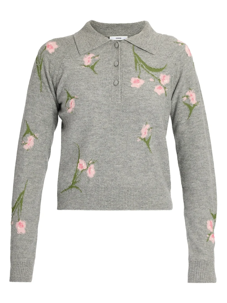 Merino Wool Floral-Knit Polo Sweater Merino Wool Floral-Knit Polo Sweater