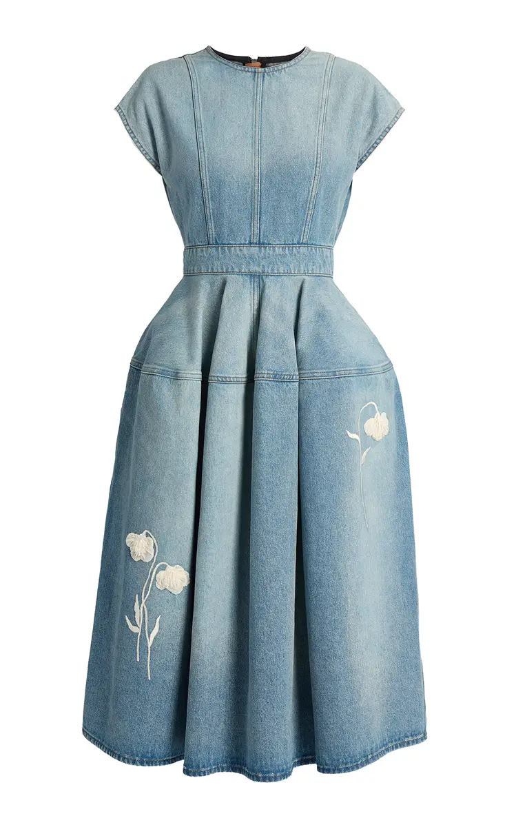 Erdem Embroidered Denim Cotton Midi Dress | Image 1 Erdem Embroidered Denim Cotton Midi Dress | Image 1