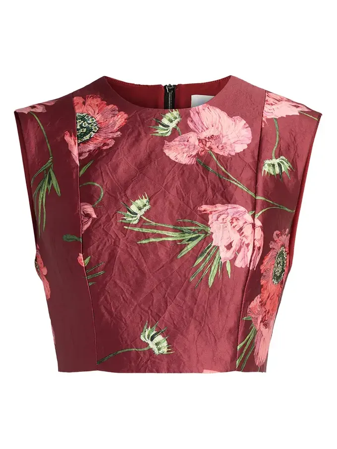 Floral Textured Satin Cropped Top Floral Textured Satin Cropped Top