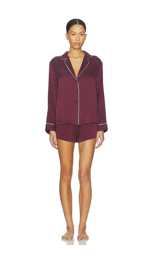 Washable Silk Piped Button Up Long Sleeve Short Set Washable Silk Piped Button Up Long Sleeve Short Set